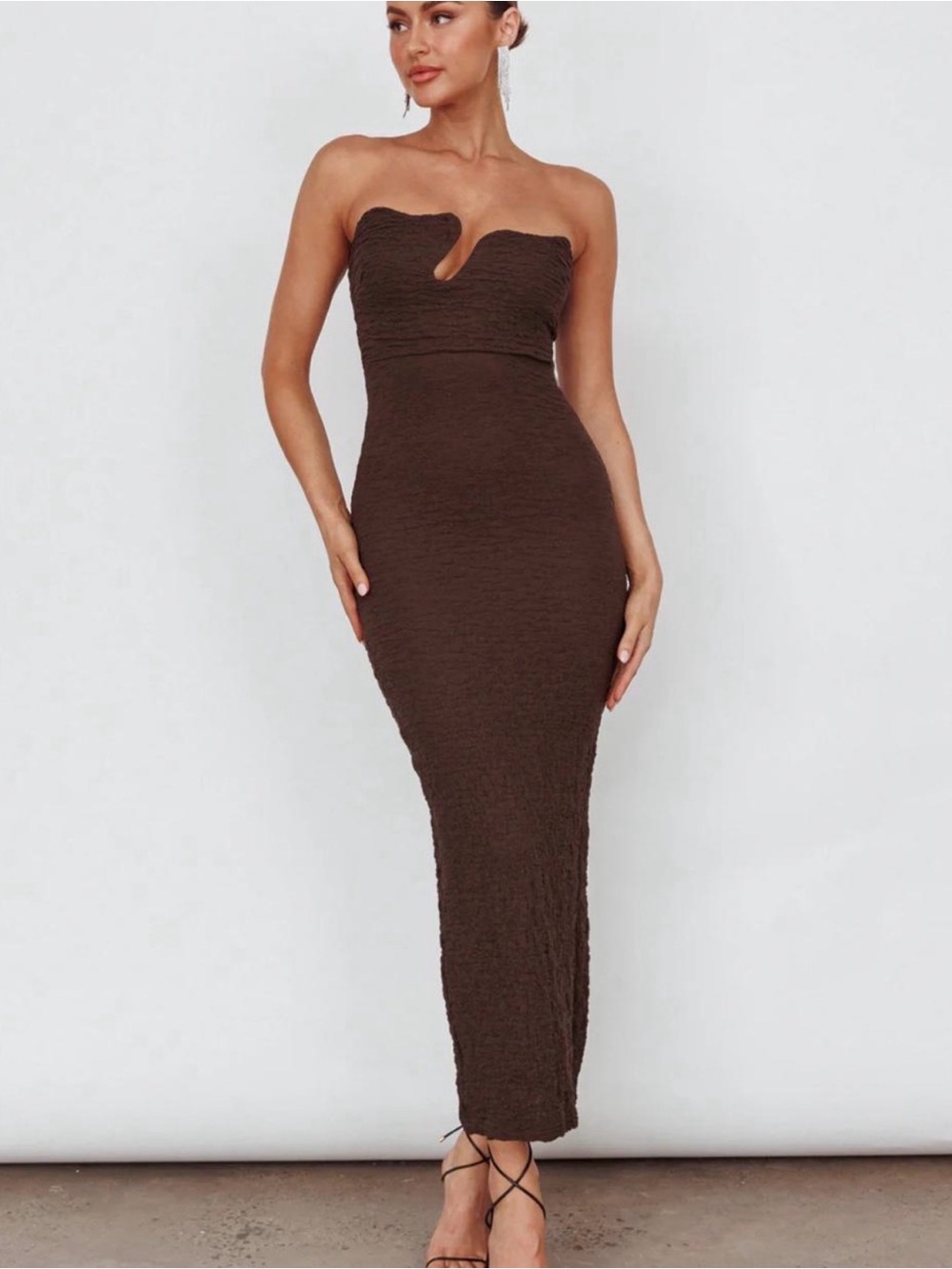 Selfie Leslie Strapless Chocolate Brown Textured Maxi Dress